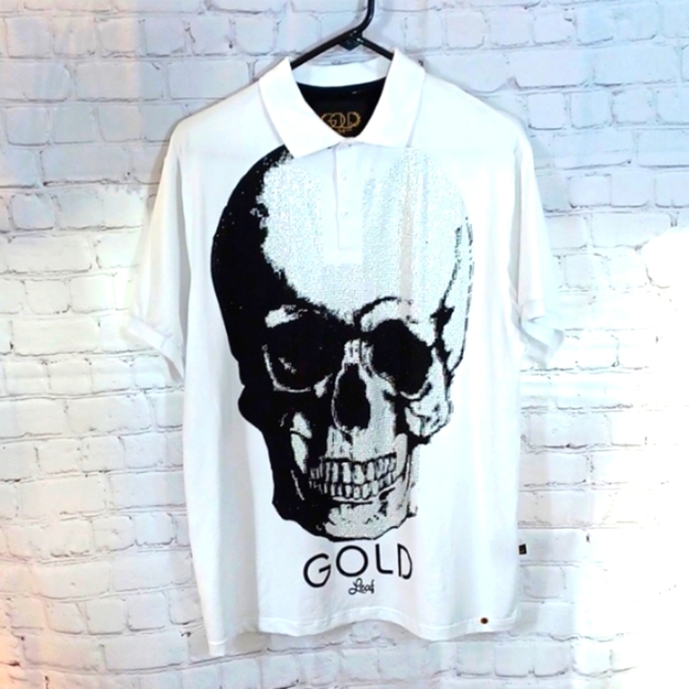 GOLD‎ Leaf Mens  White & Silver  Bling   Skull Cotton Shirt L   New
